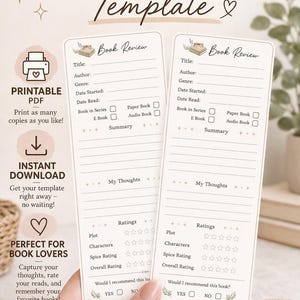 May include: Two printable book review templates with space for title, author, and ratings. The templates are beige with text that reads "Mini Book Review Template". The templates include sections for "My Thoughts" and "Ratings".