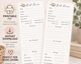 Mini Book Review Template PDF | Reading Journal Pages | Book Tracker (Digital / Printable Download)