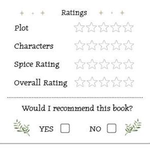 May include: A white graphic displaying the word "Ratings" at the top. It features rating categories: Plot, Characters, Spice Rating, and Overall Rating, each with a five-star rating system. The graphic also includes the question, "Would I recommend this book?" with "YES" and "NO" options.