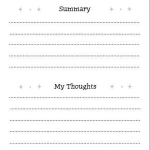 May include: A white notebook page featuring the headings "Summary" and "My Thoughts" in black text. The page includes dotted lines for writing and star-shaped decorations at the top and bottom.