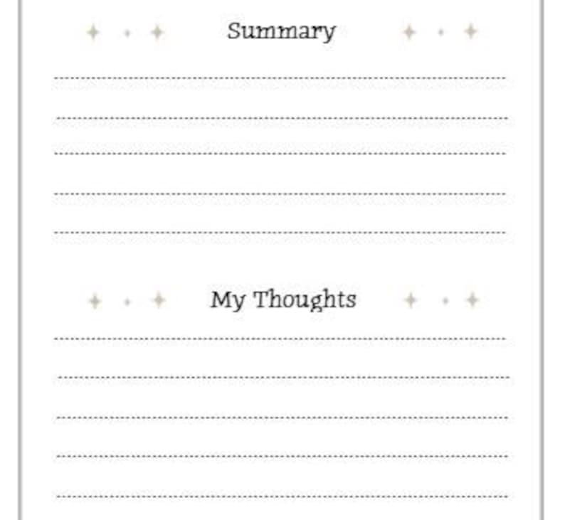 May include: A white notebook page featuring the headings "Summary" and "My Thoughts" in black text. The page includes dotted lines for writing and star-shaped decorations at the top and bottom.