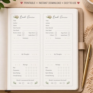 May include: A beige notebook with a book review template. The template includes sections for title, author, genre, and ratings. The text "PRINT" is at the top, with "PRINTABLE &bull; INSTANT DOWNLOAD &bull; EASY TO USE" below it.