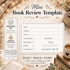 Mini modèle de critique de livre | Journal de lecture | Suivi de livre / Journal de bord / Page d'agenda imprimable / Suivi de lecture / Journal de livre