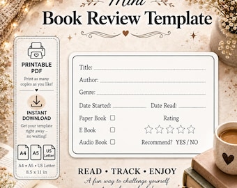 Mini Book Review Template | Reading Journal | Book Tracker / Book Log / Printable Planner Page / Reading Tracker / book journal