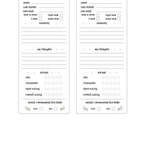 May include: Two white rectangular book review templates with the text "Book Review" at the top. Each template includes fields for title, author, genre, date, and ratings. There are also checkboxes for book format and a section for notes.