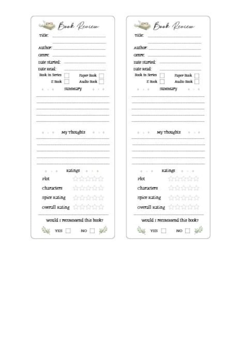May include: Two white rectangular book review templates with the text "Book Review" at the top. Each template includes fields for title, author, genre, date, and ratings. There are also checkboxes for book format and a section for notes.