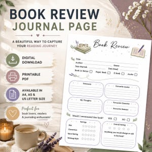 Plantilla para reseña de libros / Páginas de diario de lectura / Registro de lectura / Página de diario imprimible / Diario de lectura / Reseña de lectura