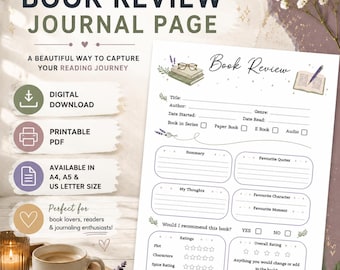 Book Review Template | Reading Journal Pages | Book Tracker / Reading Tracker / Printable Journal Page / Book Journal / Reading Review