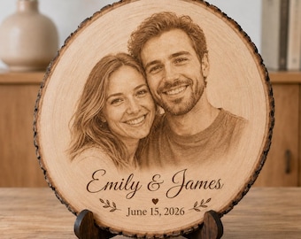 Rodaja de madera personalizada con foto grabada, placa personalizada con retrato de pareja, recuerdo de boda y conmemorativo, regalo de aniversario para parejas.
