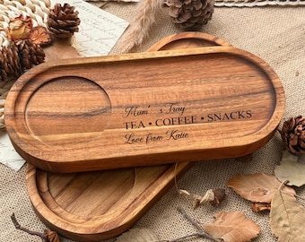 Personligt träbricka för te och kex, graverad mugghållare för snacks, bricka för kaffe och godis, present till teälskare