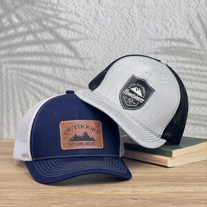 Personalized Mountain Leather Patch Trucker Hat, Custom Outdoorsman Snapback Hat, Adventure Patch Cap, Hiking Gift