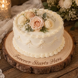 Op de afbeelding: Een ronde wit geglazuurde taart met gespoten slingers en randen, bekroond met een boeket van lichtroze en crèmekleurige rozen en gipskruid, rustend op een ronde houten schijf gegraveerd met de tekst Forever Starts Here in een cursief lettertype.