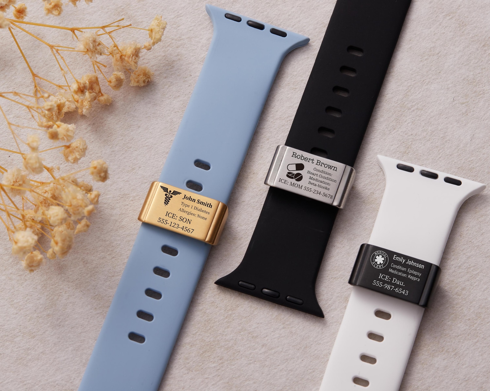 Personalized Medical Alert Smartwatch Band Charms, Engraved Alert Diabetic Metal ID Tag For Watch Strap With Emergency Info