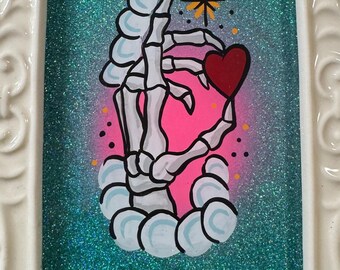 Hand painted skeleton hand valentine glass painting