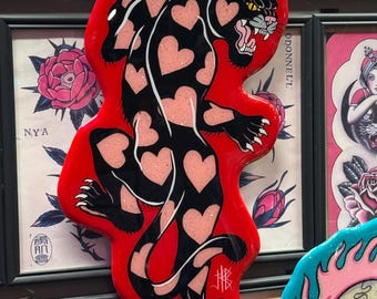 Hand painted glitter heart panther wood cut sign