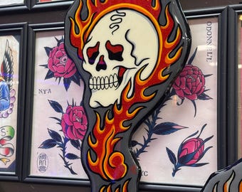 Hand painted “The burning question” wood cut sign