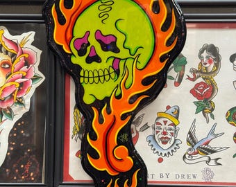 Hand painted “The burning question” wood cut sign