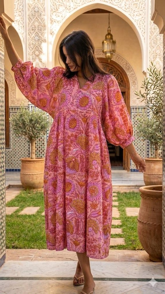 Pink Floral Block Print Cotton Dress | Boho Midi Dress