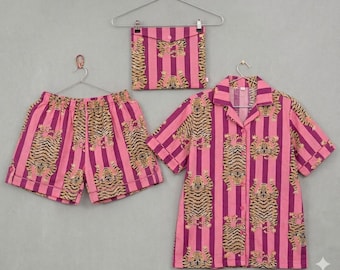 Handcrafted Tiger Print Night Suit Set – Shirt & Shorts with Travel Pouch