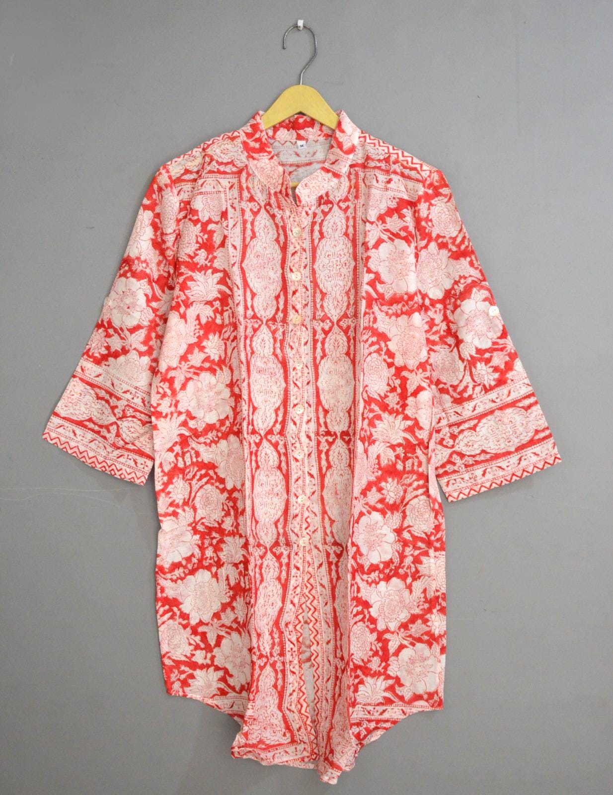Hand-Block Print Mulmul Cotton Shirt Dress Red Floral Tunic Top, Indian Clothing