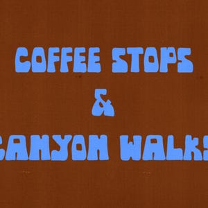 May include: A brown background with blue text that reads "COFFEE STOPS & CANYON WALKS". The text is in a chunky, retro font. The words "A CHUNKY 1970'S LOOKING FONT" and "INSPIRED BY ROCKS & VALLEYS" are written vertically on the left and right sides.