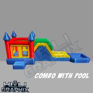 May include: A colorful inflatable bounce house combo with a pool. The bounce house features a castle design with red, yellow, and blue accents. The slide is green and yellow. The text "COMBO WITH POOL" is visible.