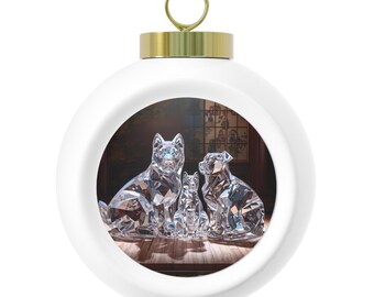 Vintage Ceramic Christmas Ornament - Animal Pet Art - Double Sided Crystal Animal Scene and Poinsettia - Holiday Tree Decor Gift