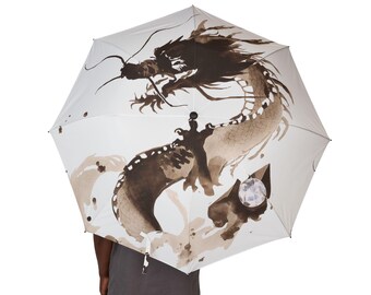 Ink Dragon Artwork Umbrella | Foldable Semi-Automatic Umbrella | Dragon AI Art | Polyester pongee