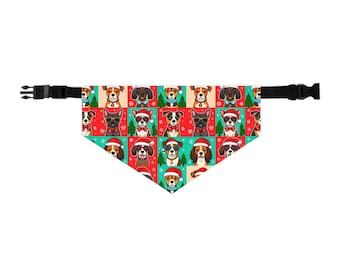 Holiday Dogs Collage Pet Bandana Collar | Christmas Paw Print Pattern