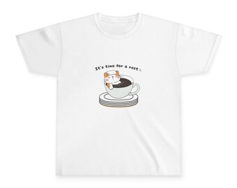 Cat Relaxing in Coffee Cup Youth Tee | "It's time for a rest" design | Solid colors 100% cotton | Funny Cat Art | During breaks
