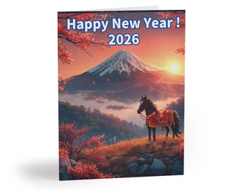 Happy New Year 2026 Horse and Mountain Greeting Card | Fantastic sunrise AI art | Standard 4.25" x 5.5" (A2) size | Cards to convey feelings