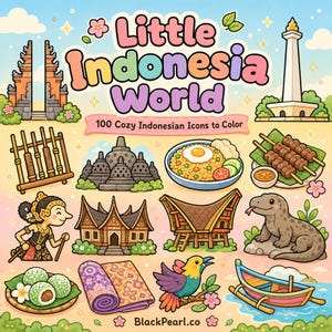 Op de afbeelding: Een kleurboekcover met de titel Little Indonesia World en de ondertitel 100 Cozy Indonesian Icons to Color. De illustratie bevat kleurrijke iconen waaronder een tempel, saté, een komodovaraan, een boot en traditionele architectuur.