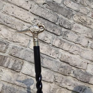 May include: A decorative walking cane with a bird-shaped handle. The handle is silver-colored, and the shaft is black with a twisted design. The cane is held against a weathered brick wall.