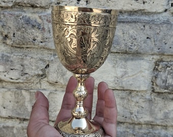 Engraved Brass Chalice – Medieval Style 6” Wine Goblet | Handmade Vintage Gift Set