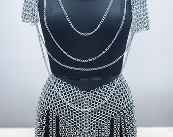 Handmade Aluminum Chainmail Top Dress Skirt – Medieval Fantasy Armor Costume for Cosplay & LARP