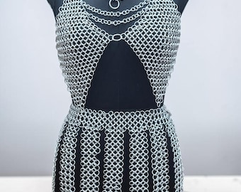 Women’s Warrior Chainmail Top Skirt and With Necklace – Handmade Medieval Fantasy Armor Costume for Cosplay & LARP