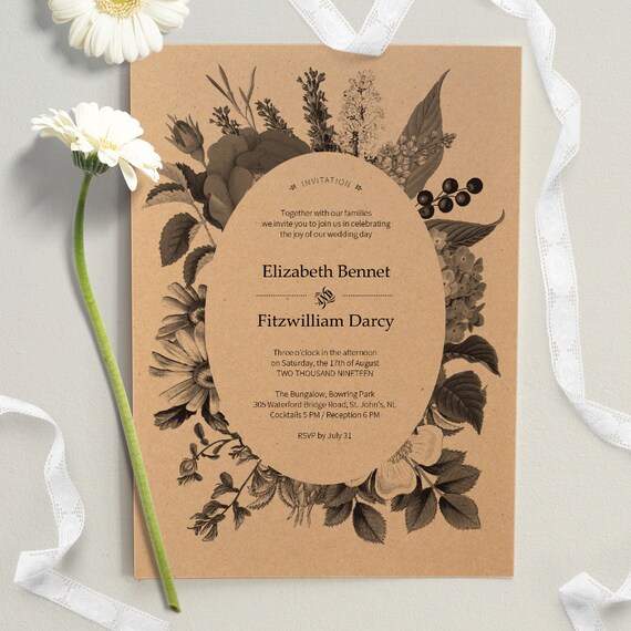 The Vintage Garden Diy Kraft Paper Wedding Invitation Etsy