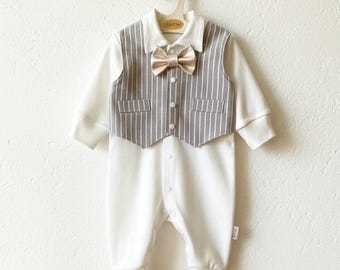Personalized Baby Boy Romper with Linen Vest and Bow Tie, Christening Coming Home Outfit, Heirloom Newborn Set