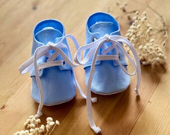Personalized Baby Booties, Boy Christening and Baptism Shoes, Heirloom Linen Newborn Outfit Accessory