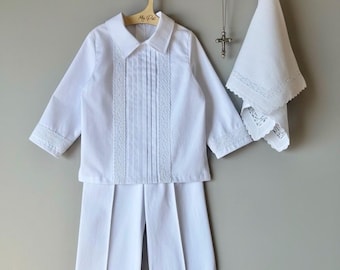Classic Baby Boy Baptism Suit with Vintage Lace Shirt and Trousers, Christening Outfit for Newborn Ceremony, White Premium Cotton Set