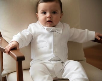 White Tuxedo Romper with Bow Tie and Satin Vest, Baby Boy Baptism Outfit, Christening Ring Bearer Suit