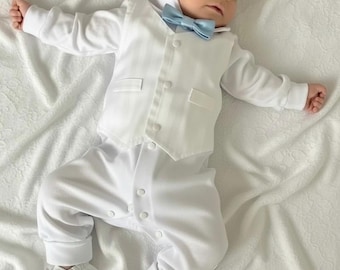 Baby Boy Baptism Romper with Satin Stripe Vest and Bow Tie, Christening Outfit Set, White Cotton Interlock Ceremony Suit