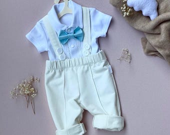 Cream Baby Boy Christening Outfit with Cross Embroidery, Baptism Romper Set for Baby Baptism, Heirloom Ceremony Suit