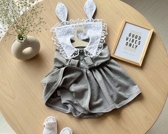 Bunny Ears Lace Collar Baby Bodysuit Dress, Newborn Girl Coming Home Outfit Gift, Soft Cotton Knit Handmade Shoes Optional