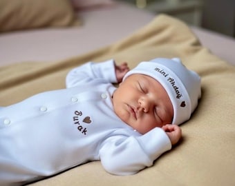 Personalized Baby Name Romper Set, Coming Home Outfit and Newborn Gift Set, Unisex Cotton Hospital Outfit with Name Embroidery