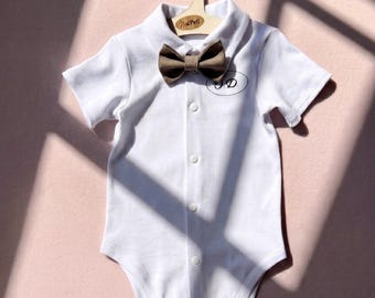 Monogram Baby Boy Bodysuit with Bow Tie, Christening Baptism Birthday Outfit, Personalized White Cotton Formal Baby Wear