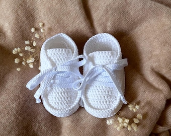Crochet Baby Shoes with Eco Leather Sole, Christening and Baptism Booties for Newborn Boys, Handmade White Knit Infant Footwear