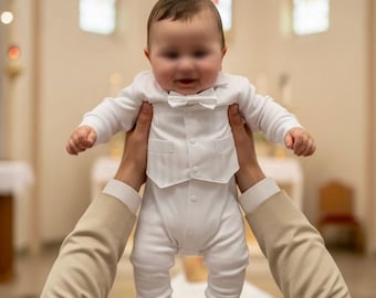 White Baby Boy Romper with Bow Tie, Total White Christening Outfit, Cotton Gentleman Romper, Baptism Outfit, Personalized Baptism Outfit