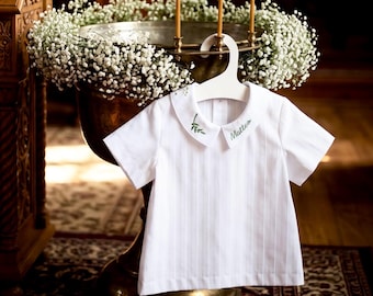 Personalized Baptism Shirt with Name Embroidery, Christening and Blessing Outfit for Boy, Heirloom White Cotton Baby Shirt