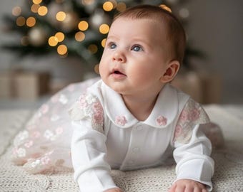 First Christmas Christening Outfit for Baby Girl, Newborn Romper Dress with Embroidered Tulle Skirt, Coming Home Outfit